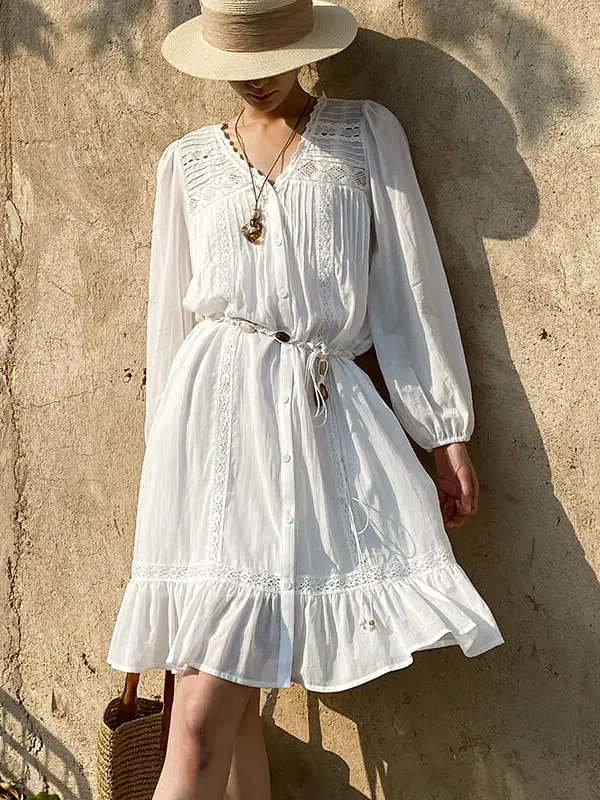 French Riviera Breathable Cotton Broderie Anglaise Midi Shirt Dress