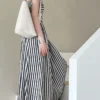 French Style Crinkled Striped Cotton Blend Spaghetti Strap Maxi Dress