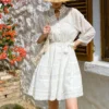 French Riviera Breathable Pure Cotton Broderie Anglaise Mini Shirt Dress