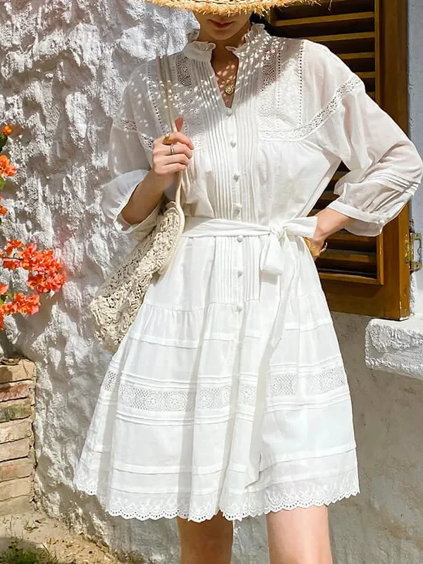 French Riviera Breathable Pure Cotton Broderie Anglaise Mini Shirt Dress