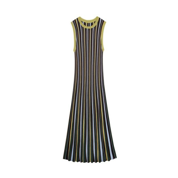 Skin-Friendly Cooling Womens Elegant Metallic Striped Sleeveless Knit High Waist Midi Dress