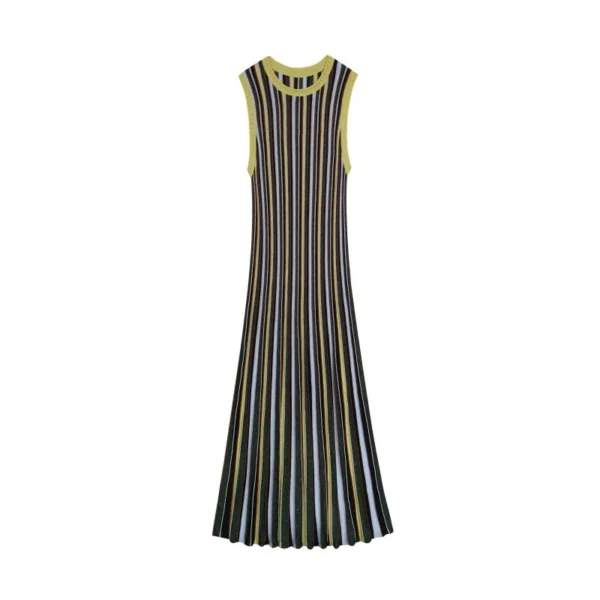 Skin-Friendly Cooling Womens Elegant Metallic Striped Sleeveless Knit High Waist Midi Dress