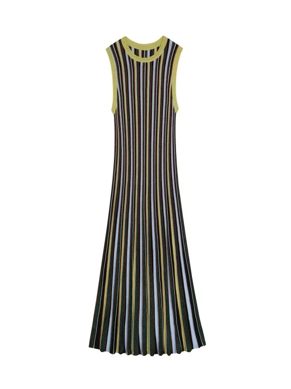 Skin-Friendly Cooling Womens Elegant Metallic Striped Sleeveless Knit High Waist Midi Dress