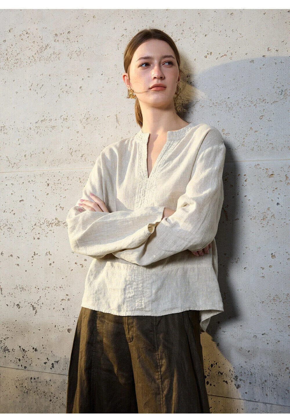 Minimalist Breathable Linen V Neck Long Sleeve Blouse