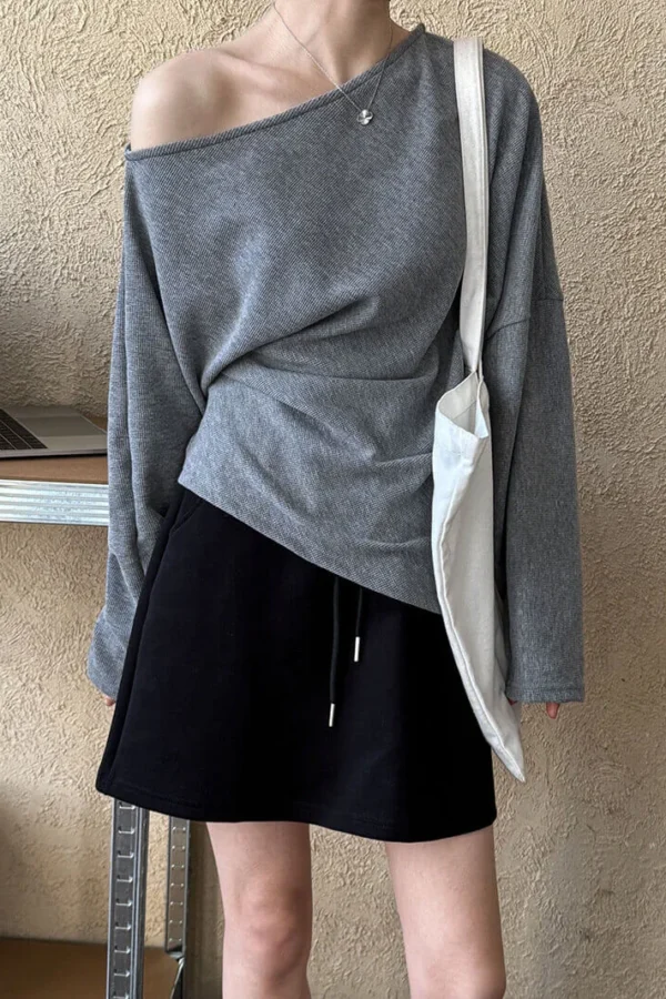 Minimalist Cotton Crinkled One Shoulder Waist Fitted Sweatshirt