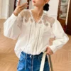 French Riviera White Cotton Broderie Anglaise Long Sleeve Blouse