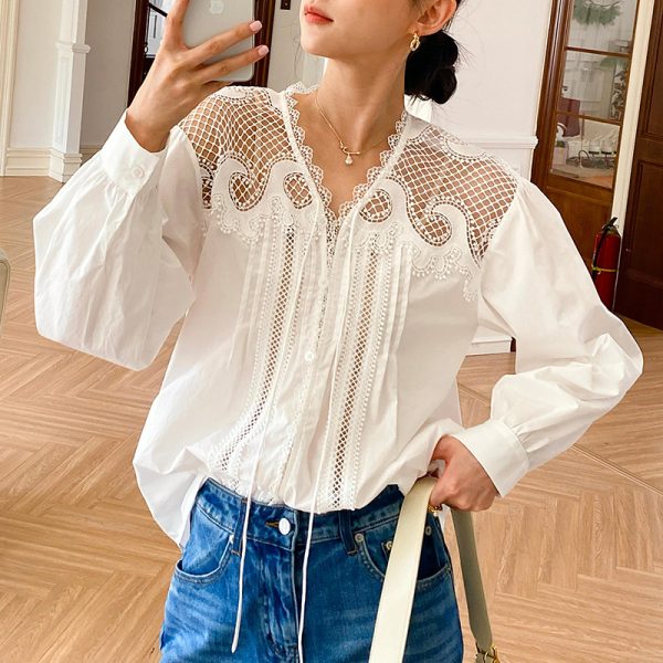 French Riviera White Cotton Broderie Anglaise Long Sleeve Blouse