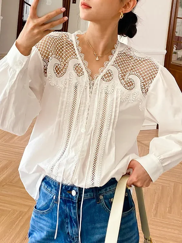 French Riviera White Cotton Broderie Anglaise Long Sleeve Blouse