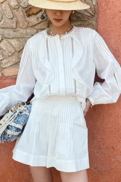 Women's French White Cotton Pleated Long Sleeve Shirt
