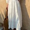 Bohemian Cotton Embroidered Floral V-neck 3/4 Hollow Out Top Midi Skirt