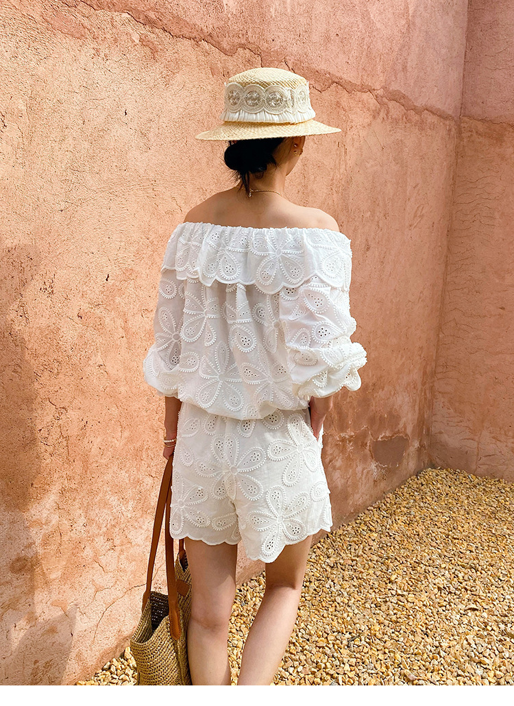 Women's French Boat Neck 3/4 Sleeve Embroidered Floral Cotton Top