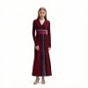 Women Red Shine Striped Vneck Long Sleeve High Waist A Line Maxi Dress Skin-Friendly Cooling