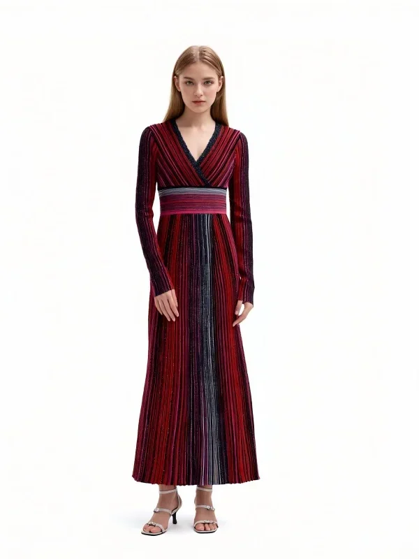 Women Red Shine Striped Vneck Long Sleeve High Waist A Line Maxi Dress Skin-Friendly Cooling