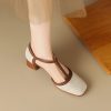 Women's French Retro Cowhide T-Strap Sandals Square Toe Medium Thick Heel