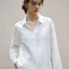 Minimalist Breathable Linen Loose Long Sleeve Polo Blouse
