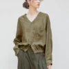 Minimalist Sustainable Linen V Neck Long Sleeve Cropped Shirt