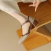 Women's French Retro Cowhide T-Strap Sandals Square Toe Medium Thick Heel