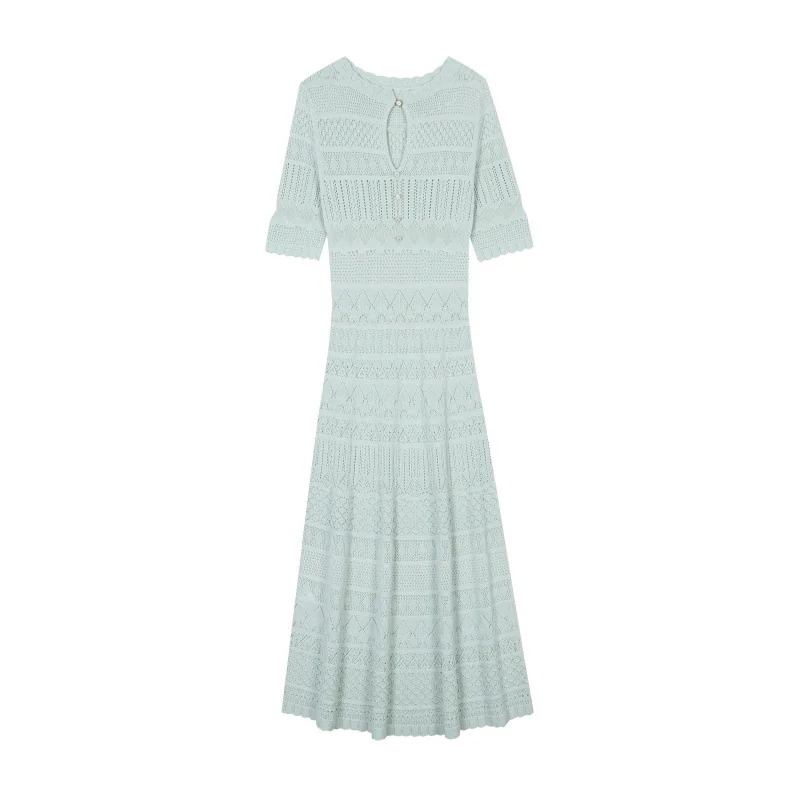 Elegant Light Green Hollow Out Knit Midi Dress Short Sleeve High Waist