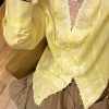 French Women's Long Sleeve V-Neck Solid Shirt Lace Patchwork Linen Tencel