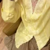 French Women's Long Sleeve V-Neck Solid Shirt Lace Patchwork Linen Tencel