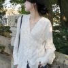 French Women's Long Sleeve V-Neck Solid Shirt Lace Patchwork Linen Tencel
