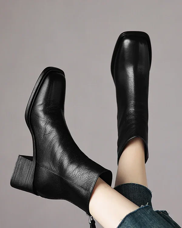 Retro Plus Size Women's Shoes Square Toe Block Heel Sheepskin Ankle Boots Back Zipper