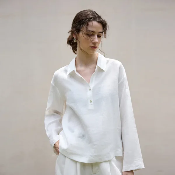 Minimalist Breathable Linen Loose Long Sleeve Polo Blouse
