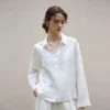 Minimalist Breathable Linen Loose Long Sleeve Polo Blouse