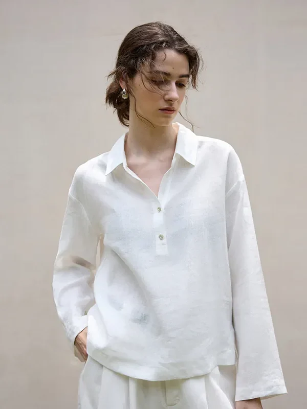 Minimalist Breathable Linen Loose Long Sleeve Polo Blouse