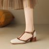 Women's French Retro Cowhide T-Strap Sandals Square Toe Medium Thick Heel