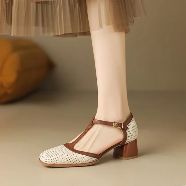 Women's French Retro Cowhide T-Strap Sandals Square Toe Medium Thick Heel