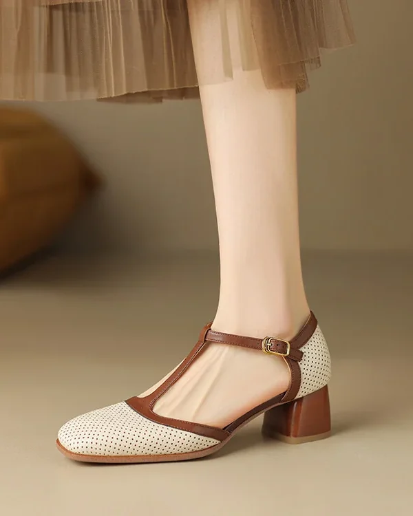 Women's French Retro Cowhide T-Strap Sandals Square Toe Medium Thick Heel