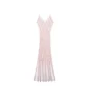 Elegant Women Striped Lurex Tencel Knit Midi Slip Dress Skin-Friendly Cooling V Neck A Line