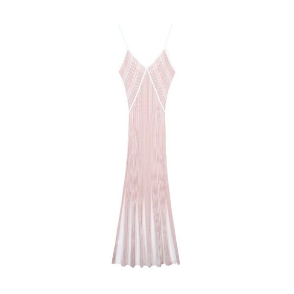 Elegant Women Striped Lurex Tencel Knit Midi Slip Dress Skin-Friendly Cooling V Neck A Line