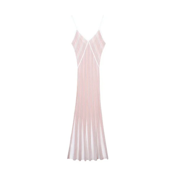 Elegant Women Striped Lurex Tencel Knit Midi Slip Dress Skin-Friendly Cooling V Neck A Line