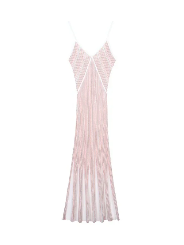 Elegant Women Striped Lurex Tencel Knit Midi Slip Dress Skin-Friendly Cooling V Neck A Line