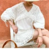 French White Cotton Blouse Long Sleeve V Neck Embroidery Lace Ruffle