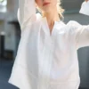 Minimalist Breathable Linen V Neck Long Sleeve Blouse