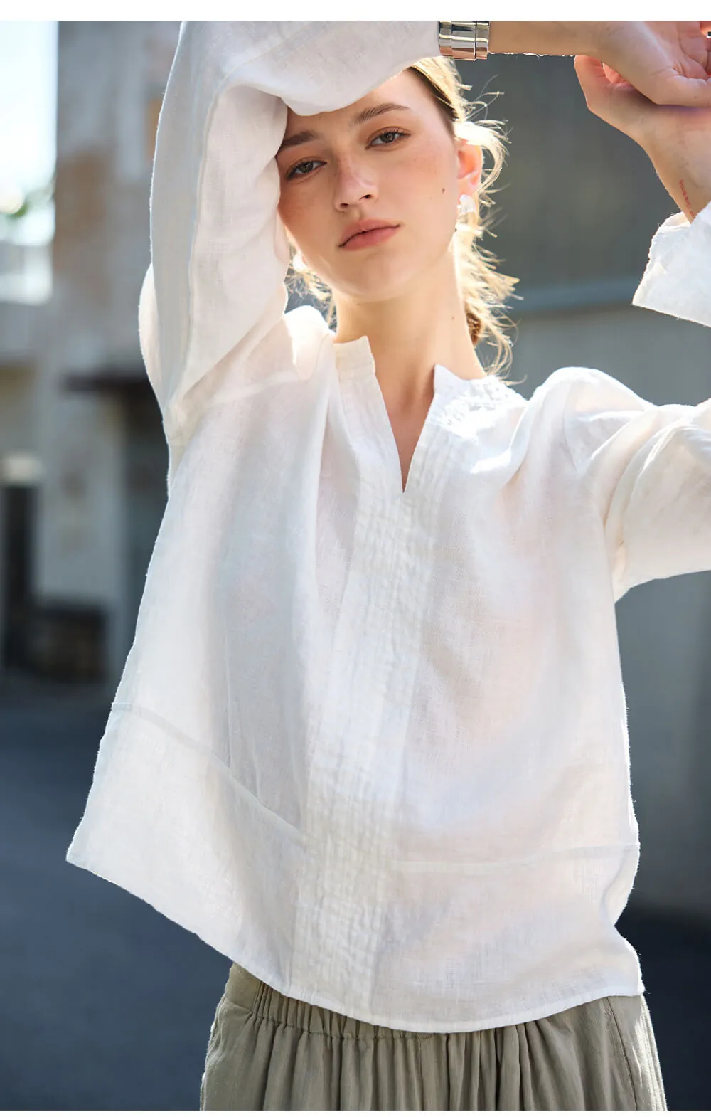 Minimalist Breathable Linen V Neck Long Sleeve Blouse