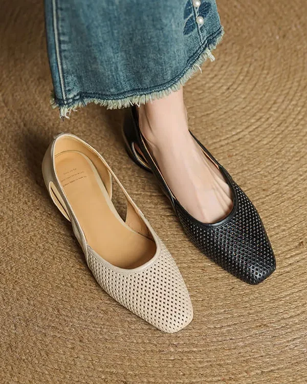 Women's Square Toe Perforated Block Heel Shoes Sheepskin Sandal