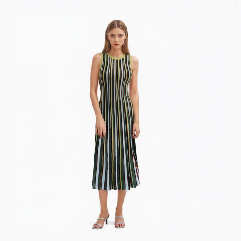 Skin-Friendly Cooling Womens Elegant Metallic Striped Sleeveless Knit High Waist Midi Dress