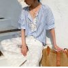 Women's Resort Striped Linen Mix Short Sleeve Loose V Neck Shirt Lace Tassel