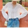 French Cotton Blouse Women Long Sleeve V Neck Loose Lace Embroidery Hollow Top