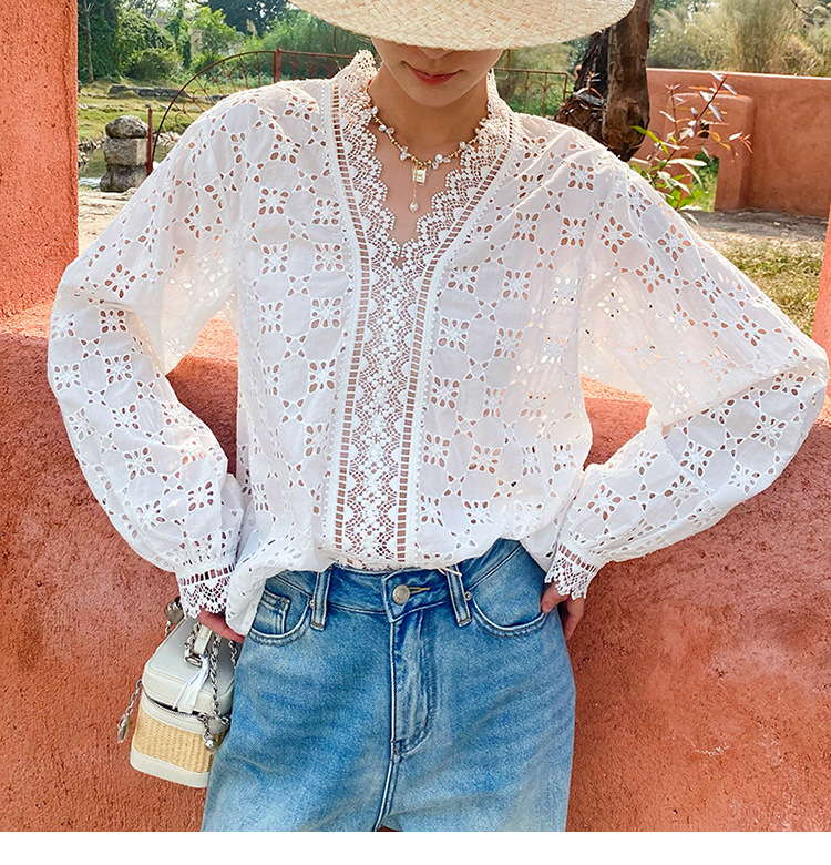 French Cotton Blouse Women Long Sleeve V Neck Loose Lace Embroidery Hollow Top