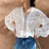 Women's French Cotton LS V-Neck Embroidery Hollow Out Loose Fit