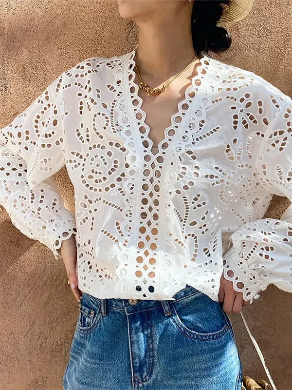 Women's French Cotton LS V-Neck Embroidery Hollow Out Loose Fit