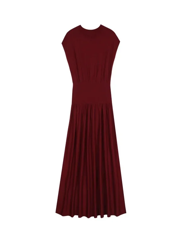 Elegant Wrinkle Free Wool Sleeveless A Line Midi Dress High Waist