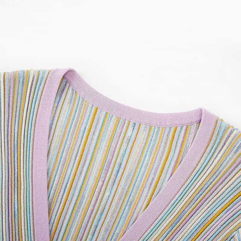 Skin-Friendly Cooling Elegant Floral Striped Knit Midi Dress V Neck Long Sleeve High Waisted A Line