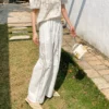French Riviera Breathable Cotton Linen Ladder Stitch Wide Leg Trousers