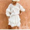 French White Cotton Blouse Long Sleeve V Neck Embroidery Lace Ruffle